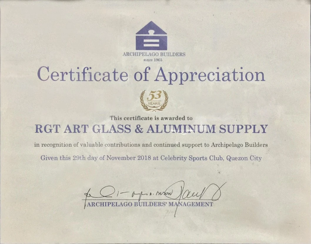 Certificate of appreciation from Archipelago Builders