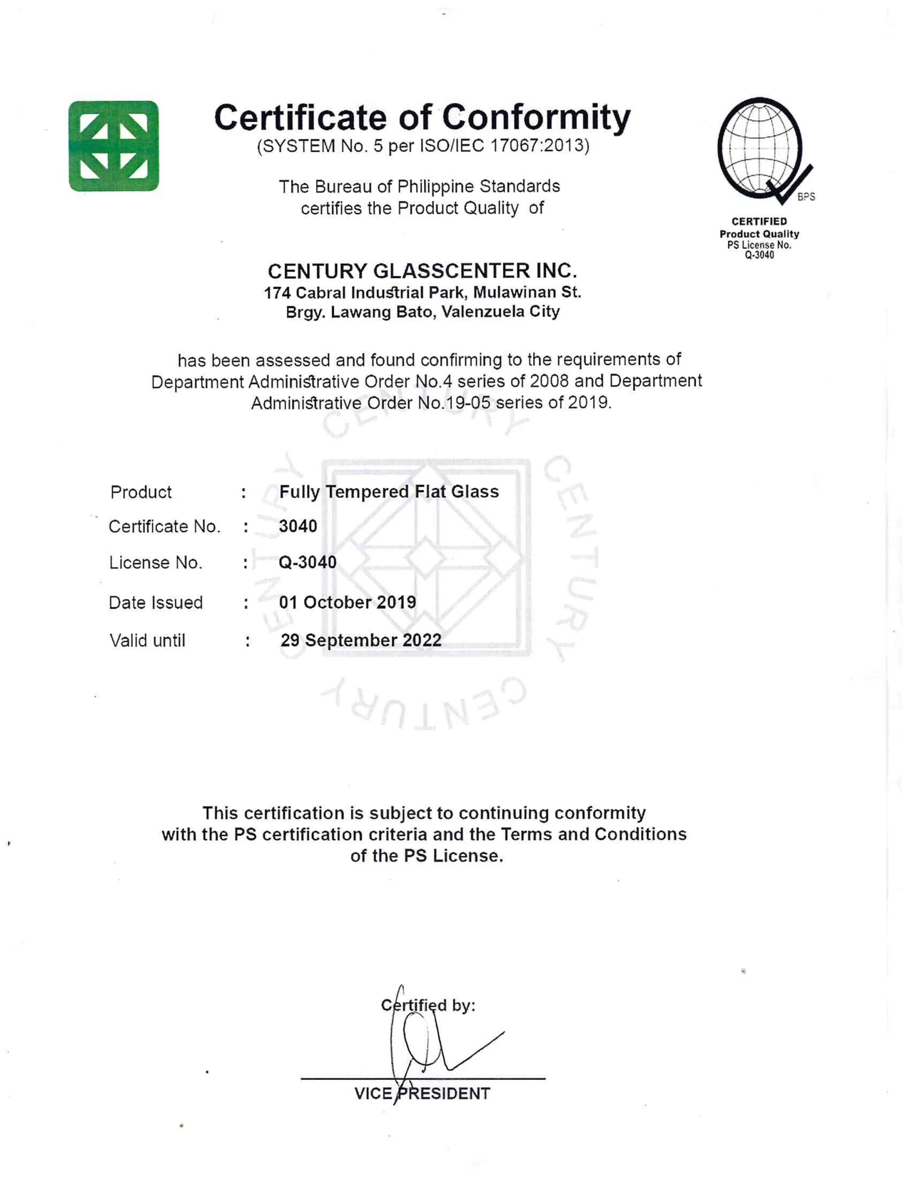 Century Glasscenter product certificate of conformity