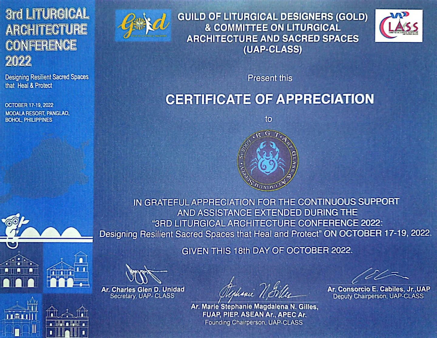 Certificate of appreciation from the 3rd Liturgical Architecture Conference 2022