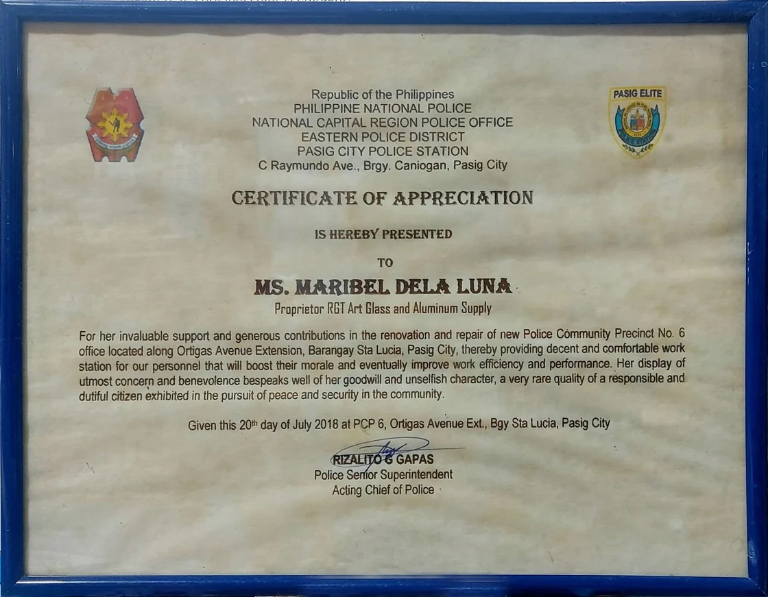 Certificate of appreciation from Pasig Police Community Precinct No. 6