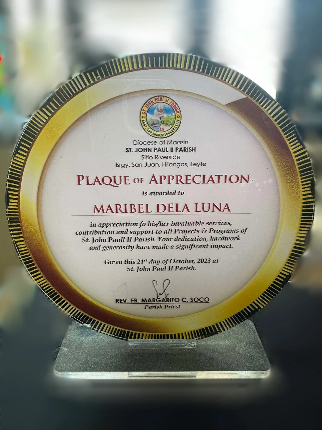 Plaque of appreciation from St. John Paul II Parish