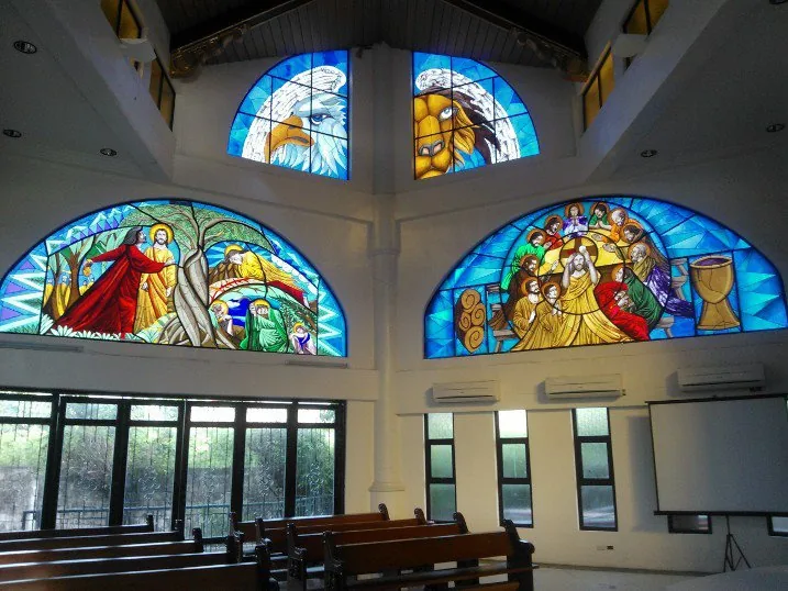 Colorful church stained glass installation